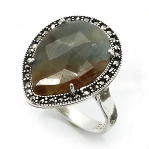 Doğal Taşlı Bayan Gümüş Yüzük HSBY-388